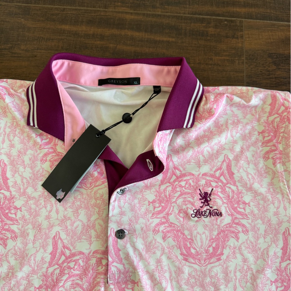 Greyson Polo Shirt Men XL pink dolphin Wolf Logo Lake Nona Performance